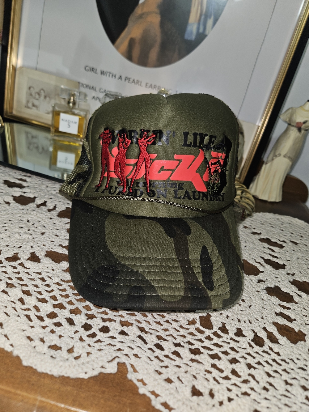 Camo Trucker Hat with Red Graphic